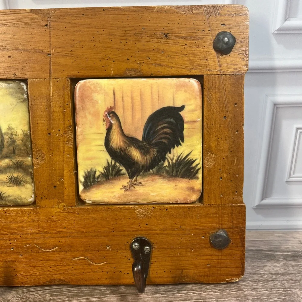Rooster Wall Rack Wood Ceramic Tile 3 Hook Key Holder Brown Farmhouse Rustic